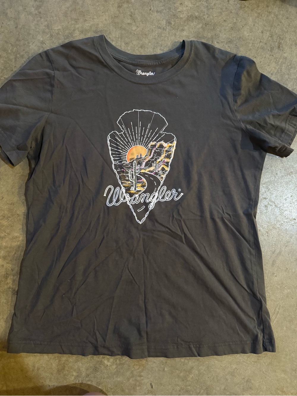 Wrangler Women’s Black Graphic Tee with Desert Sunrise Print